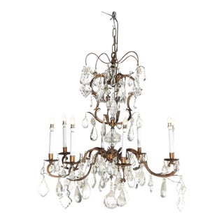 Large Antique French Louis XIV Style Brass & Crystal 8 Light Chandelier C1930 For Sale