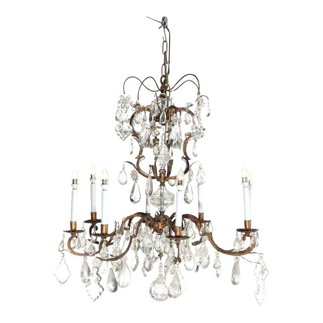Large Antique French Louis XIV Style Brass & Crystal 8 Light Chandelier C1930 For Sale