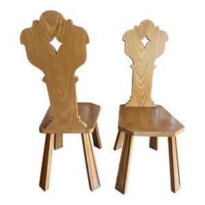 Vintage Mid-Century Alpine French Brutalist Carved Oak Side Chairs Pair Wabi Sabi Style