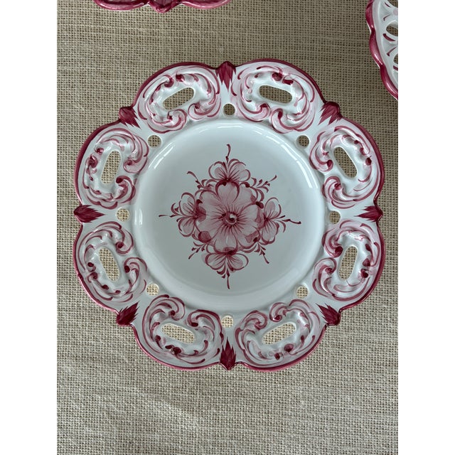 Set of 6, vintage, hand painted floral motif Wall Plates with scalloped and reticulated or lattice / cutout rims in a pink...