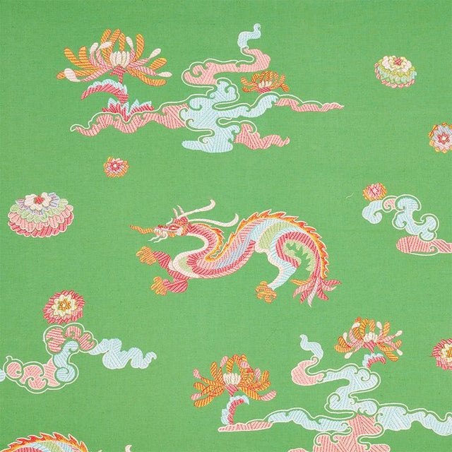 Chinoiserie Sample - Schumacher Hanlun Dragon Embroidery Fabric in Green For Sale - Image 3 of 3