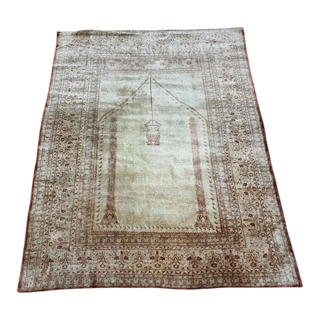 Handmade Antique Persian Style Tabriz Prayer Silk Rug 4' X 5.2', 1900s For Sale