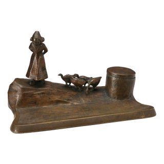 Bronze Inkwell with a Sculpture of a Young Dutch Girl For Sale