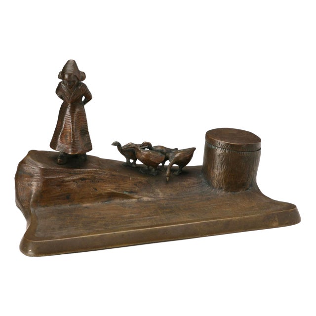 Bronze Inkwell with a Sculpture of a Young Dutch Girl For Sale