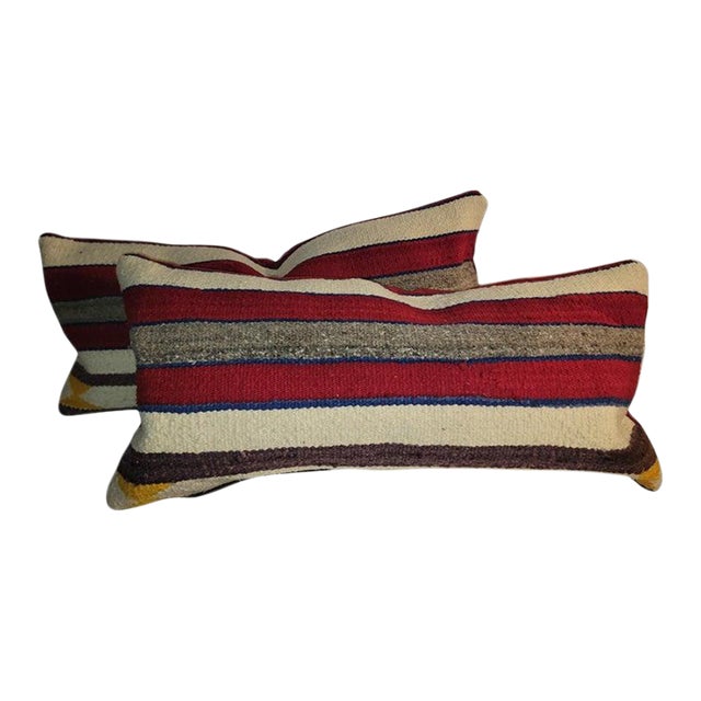 Hand Made Wool Striped Pair of Pillows For Sale