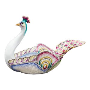 Mid 20th Century Moga Romania Hand Painted Porcelain Large Peacock Centerpiece Bowl