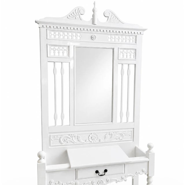 A stunning vintage hall tree / entry vanity, fully refinished in a crisp gloss white for a fresh Palm Beach–meets–classic...