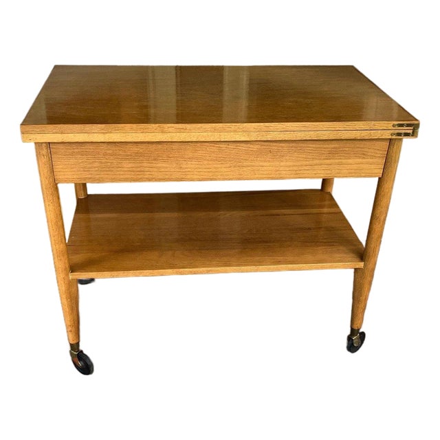 Vintage Scandinavian Mid‑Century Flip‑Top Bar Cart – Solid Oak Serving Trolley on Casters For Sale