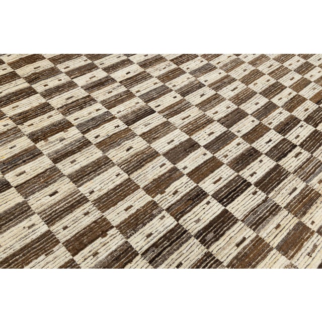 Modern Moroccan Style Checkerboard Wool Rug in Natural Ivory and Chocolate Brown For Sale - Image 10 of 11