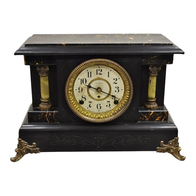 Antique Seth Thomas Adamantine Victorian Faux Marble Shelf Mantel Clock For Sale