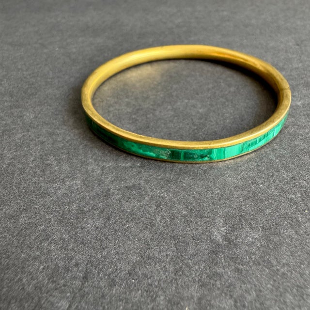 French Vintage Malachite Inlay Bangle Bracelet Brass Gold Tone Thin For Sale - Image 3 of 9
