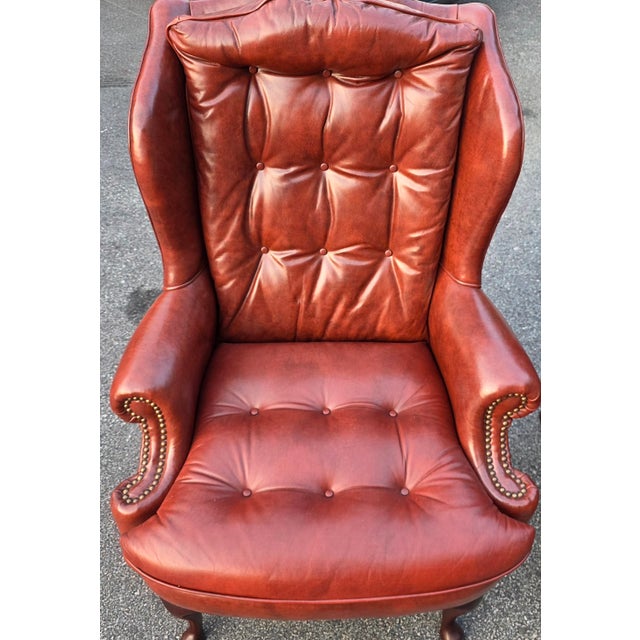 Pair of Classic Leather Furniture Tufted Oxblood Leather Wingback Library Lounge Chairs With Brass Nailhead Trim, Circa 1980s For Sale - Image 12 of 14