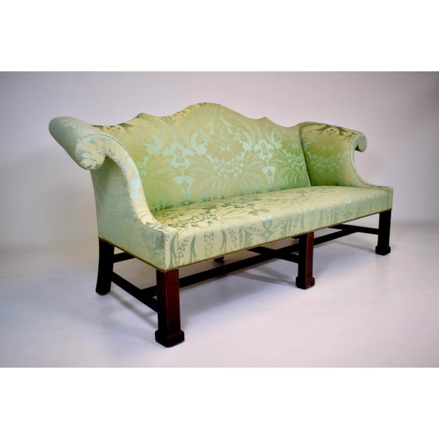 Custom George III Mahogany Camel Back Sofa With Damask Silk Upholstery For Sale In Philadelphia - Image 6 of 16