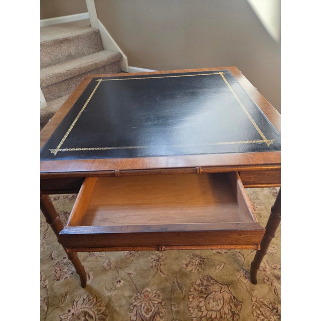 Vintage Drexel Faux Bamboo Chippendale Style Leather Top Game Table For Sale In Indianapolis - Image 6 of 14
