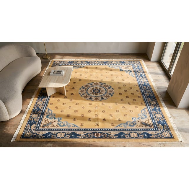 1800s Mustard Yellow Medallion Antique Chinese Ningxia Kang Rug 6' X 10'3" Handknotted Wool Carpet For Sale - Image 9 of 11