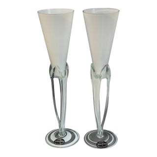 Pair Vintage Krosno Józefina Hand-Blown White Art Glass Champagne Flutes Poland For Sale