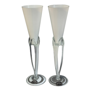 Pair Vintage Krosno Józefina Hand-Blown White Art Glass Champagne Flutes Poland