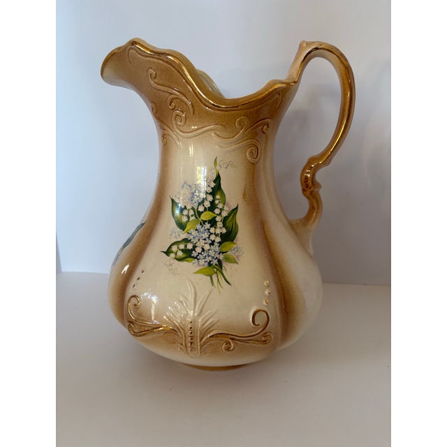Victorian Rs Prussia Antique Lily of the Valley Porcelain Pitcher & Basin Set With Gilt Embossing For Sale - Image 3 of 10