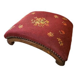 Vintage Curved Burgundy Floral Needlepoint Footstool For Sale