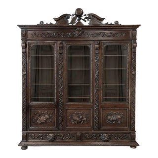 19th Century Renaissance Revival Hand-Carved Oak Triple Bookcase For Sale