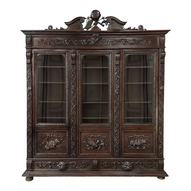 19th Century Renaissance Revival Hand-Carved Oak Triple Bookcase For Sale