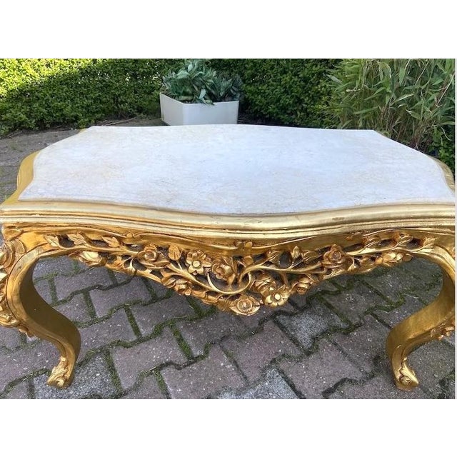 1980s Artisan Louis XVI Gold Beech Marble Coffee Table For Sale - Image 4 of 11