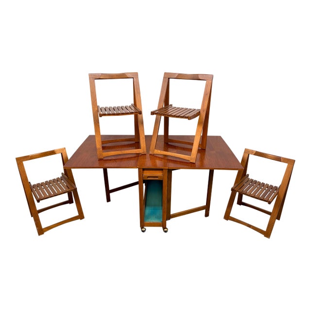 Mid 20th Century Drop Leaf Hide a Way Table W/ Four Folding Chairs For Sale