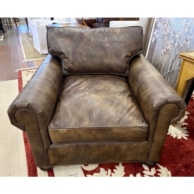 Transitional Restoration Hardware Lancaster Brown Leather Large Reading Chair For Sale - Image 3 of 10