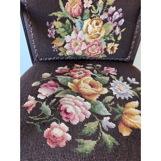 Antique French Neoclassical Carved Mahogany Armchair With Floral Needlepoint Upholstery For Sale - Image 4 of 13