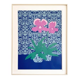 Pink Orchids Hand Silk-Screened Art Print For Sale