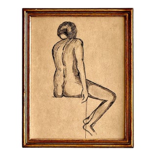 Original Charcoal & Ink Nude Drawing, Framed For Sale