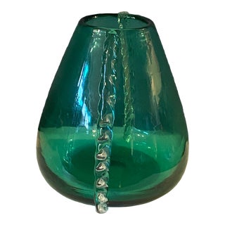 1960s Murano Blue Teal Green Glass Vase With Clear Ruffle Sides For Sale