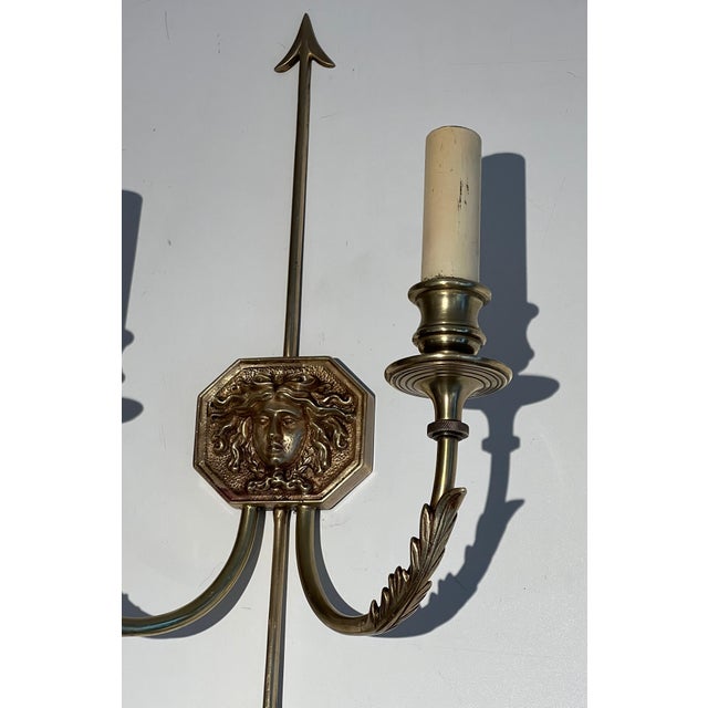 1950s bronze wall sconces with Arrows and Effigy of the Sun King by Louis Gau - a Pair For Sale - Image 6 of 12