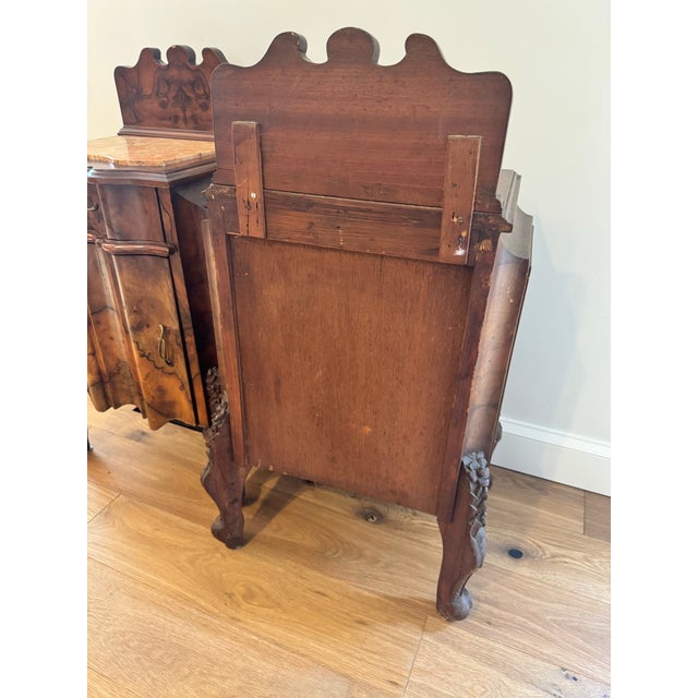 Wood Pair of Antique American Victorian Rococo Revival Figured Walnut Marble-Top Bedside Cabinets, Circa 1870 For Sale - Image 7 of 12
