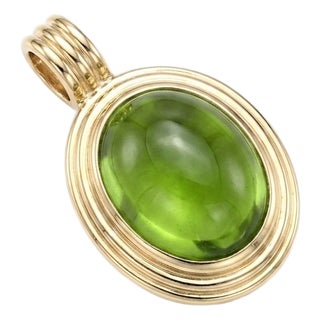 Green Peridot Cabochon Pendant | Gold Plated Concentric Ridge Frame Charm | August Birthstone Solitaire Pendant For Sale