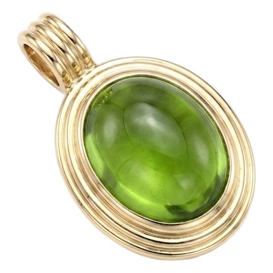 Green Peridot Cabochon Pendant | Gold Plated Concentric Ridge Frame Charm | August Birthstone Solitaire Pendant For Sale
