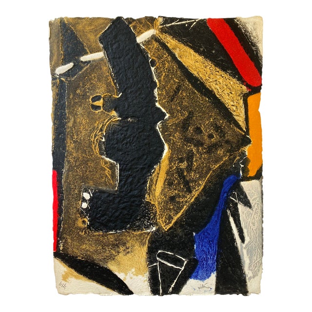 Mid 20th Century Abstract Collagraph by Afro-Carribean/French Artist Serge Hélenon For Sale