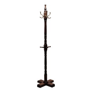 Vintage Oak Hall Tree Coat Rack with Porcelain Hooks For Sale