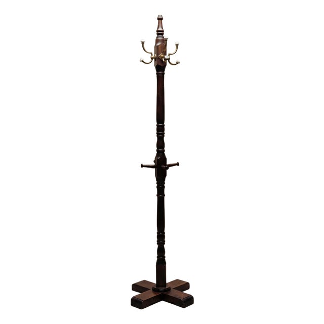 Vintage Oak Hall Tree Coat Rack with Porcelain Hooks For Sale