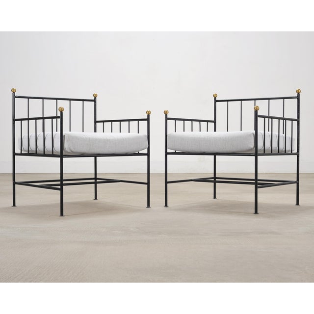Set of Four French Modernist Iron Brass Ball Finial Lounge Chairs For Sale - Image 12 of 18