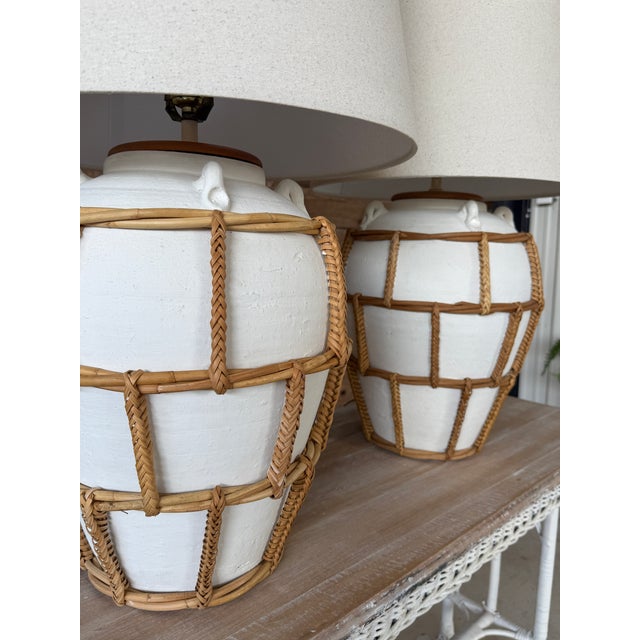 1990s Monumental Boho Coastal Regency Plaster Lamps With Hand-Wrapped Rattan Cage & Linen Shades For Sale - Image 5 of 11