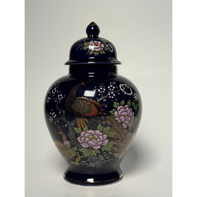 Japanese Vintage Japanese Asian Cobalt Blue LIdded Ginger Jar, Cobalt Blue, Lavender, Gold For Sale - Image 3 of 12