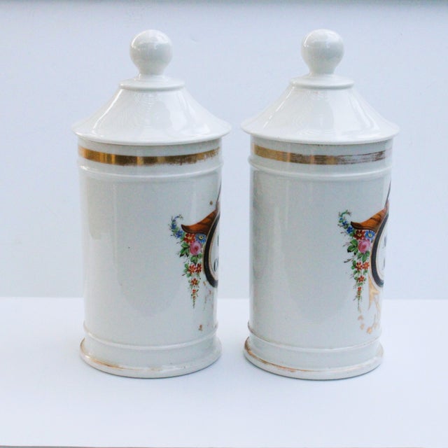 A pair 19th century Neoclassical porcelain apothecary jars with elegant hand painted decoration and lettering. "AGARIC;...
