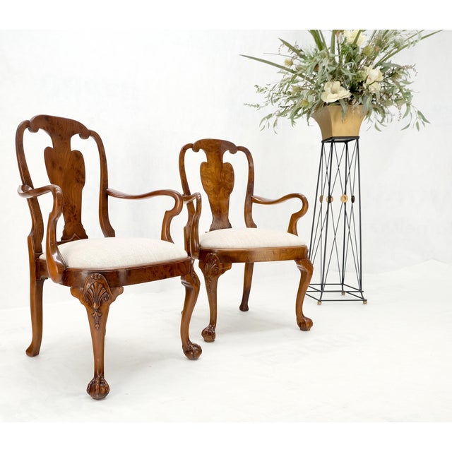 Linen Pair of Carved Burl Wood New Oatmeal Linen Upholstery Armchairs Mint! For Sale - Image 8 of 16