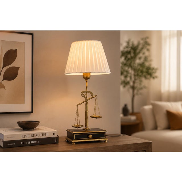 Table lamp dating to the 1950s, built around a brass balance-scale motif. Two suspended pans hang from the scale beam...