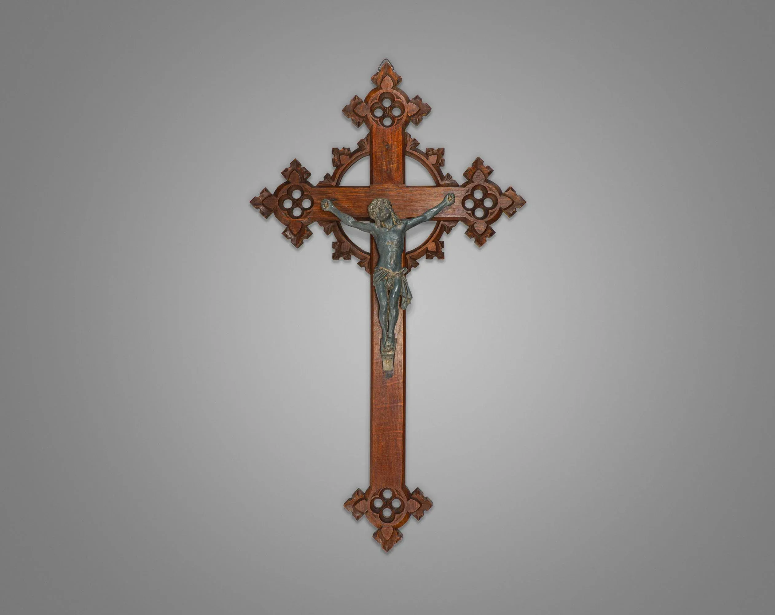 Antique Neo-Gothic Carved Oak Crucifix with Bronzed Spelter Corpus