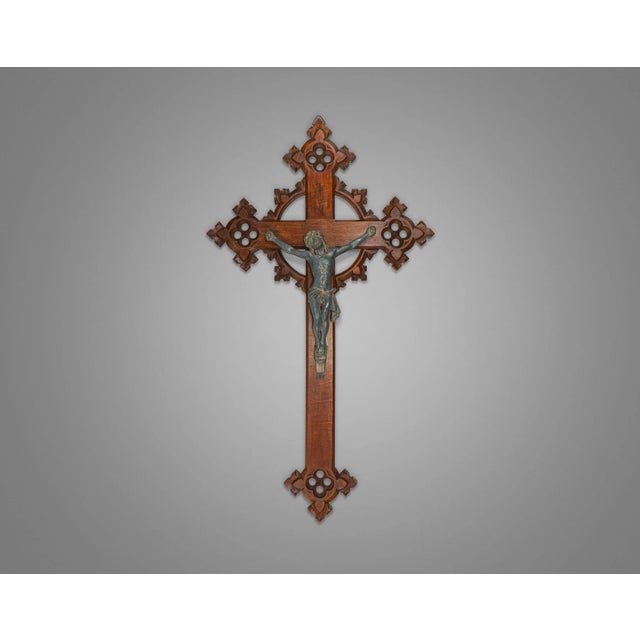 Wood Antique Neo-Gothic Carved Oak Crucifix with Bronzed Spelter Corpus Christi, 19th Century For Sale - Image 7 of 7