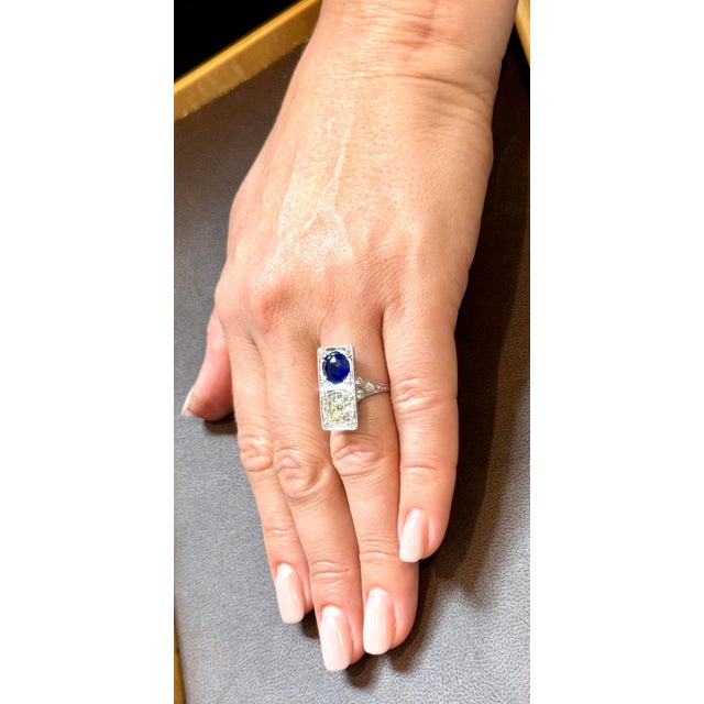 GIA CEYLON Blue Sapphire & Old Minor 3 CT Diamond Cocktail Ring Platinum Estate For Sale - Image 11 of 18