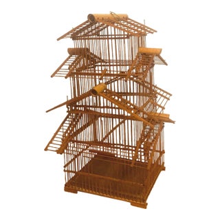 Vintage Teak and Rattan Triple Pagoda Bird Cage For Sale