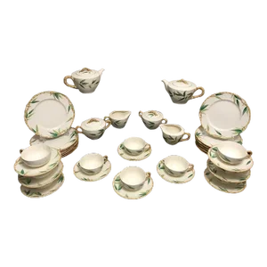 1950s Mid Century Maruta Ware Tropicana Bamboo / Leaves Hand Painted Dinnerware Set, 42 Pieces